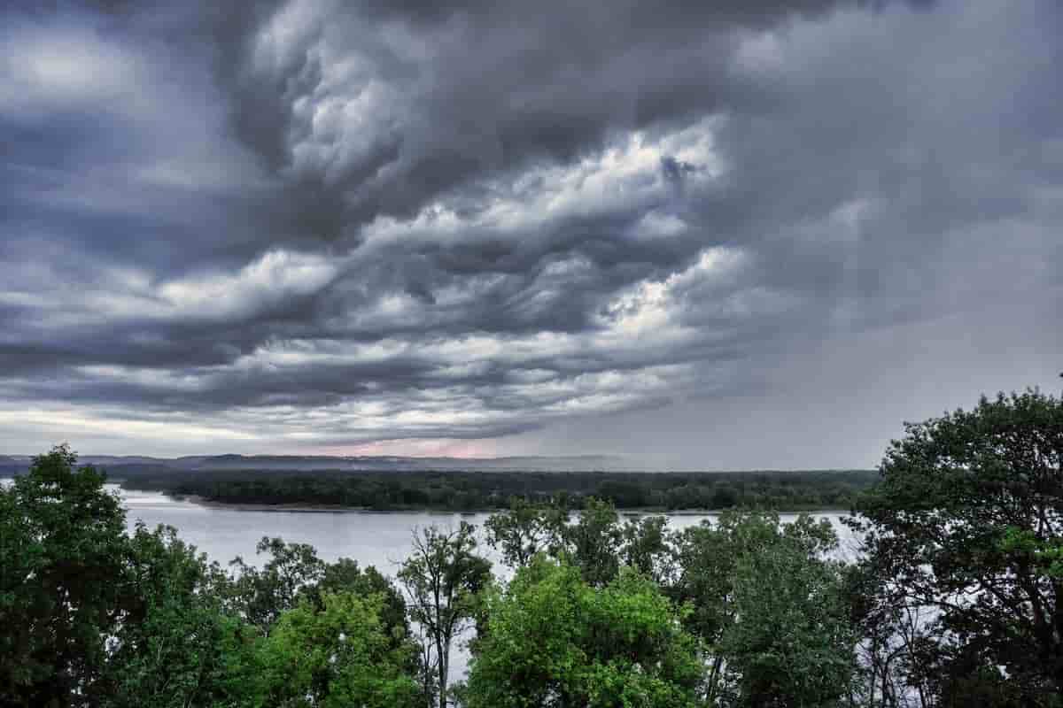 Storm front moving over the Tennessee River shoreline near Decatur Alabama